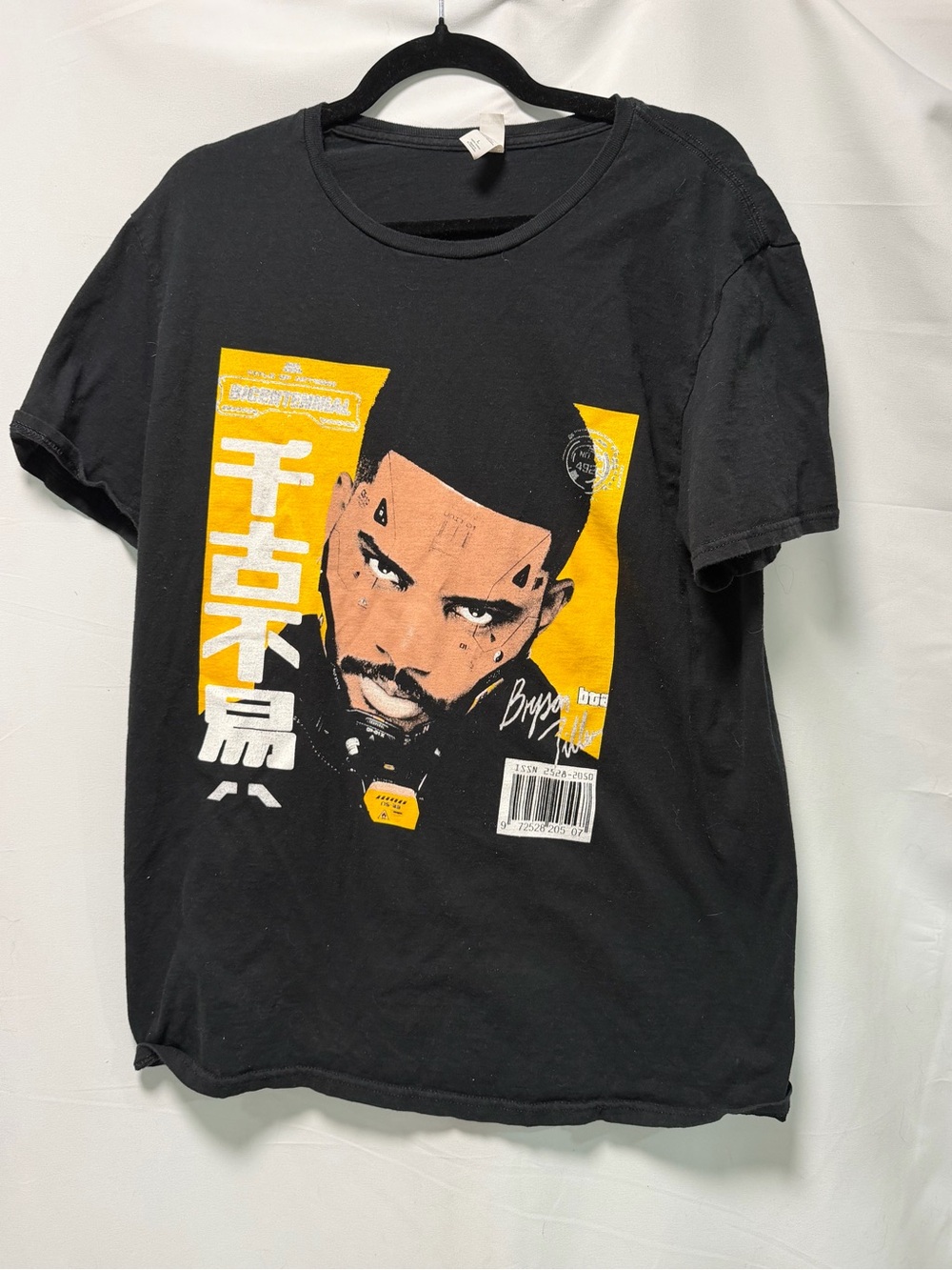 Black Short-Sleeve Graphic Tee with Yellow Print
